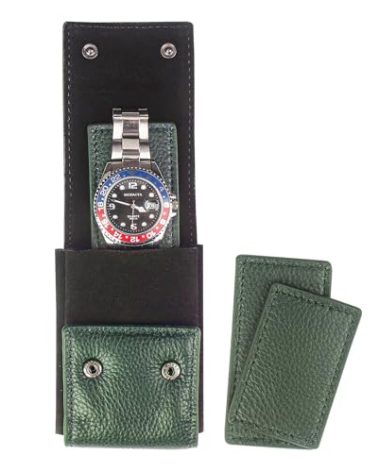 KOSMCCO Leather Watch Pouch - Portable Travel Pouch with Suede Lining and Leather Inserts, Single Watch Case for Lovers Gift (Green)