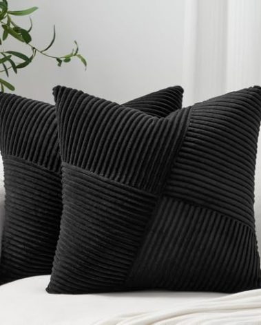 Topfinel Black Set of 2 Decorative Throw Pillow Covers 18x18 Inch for Couch Sofa Bed Pillowcases, Farmhouse Boho Rustic Home Decor,Soft Corduroy Windmill Textured Striped Patchwork Cushion Cases