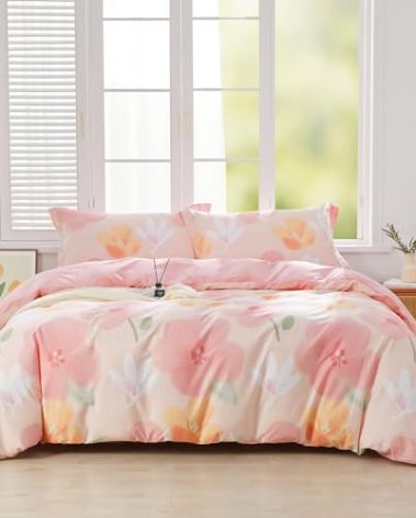 SAPHREAS Pink Floral Duvet Cover Set Full Size Blossom Flower Printed Bedding Comforter Cover Set 100% Cotton 1 Duvet Cover 90"x80" 2 Pillow Shams, Comforter Not Included