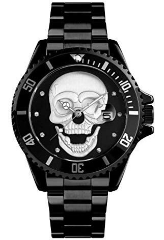 3D Skull Watch GMT Unidirectional Bezel Waterproof Quartz Watches for Men (Black)