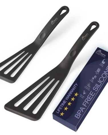 HOTEC 600℉ Heat Resistant Silicone Slotted Fish Turner Spatula Set, BPA Free Flipper Cooking Spatulas, for Non Stick Cookware Dishwasher Safe, Black