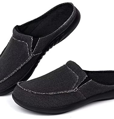 Plantar Fasciitis Slippers for Men Arch Support Orthopedic Canvas Winter Orthotic Flat Feet Pain Relief Male Slip on House Shoes Home Bedroom Indoor Outdoor Non Slip Washable Light All Black Size 10.5