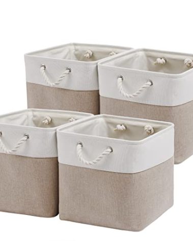 MidmmVick 13 x 13 Inch Cube Storage Bins, 4 Pack Large Collapsible Fabric Storage Bin with Ropes, Foldable Storage Cubes for Home, Office,Closet, Clothes, Toys Organizer (White & Beige)