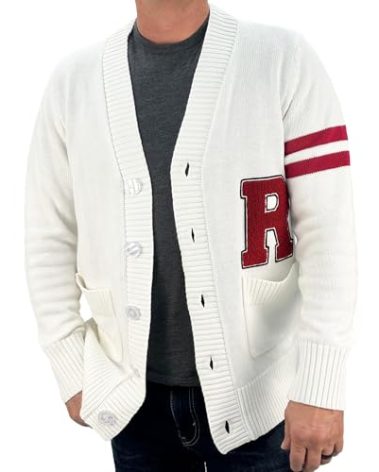 Hip Hop 50's Shop - Mens 1950s White R Letterman Cardigan Sweater (Medium, White R)