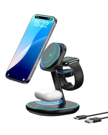 EnergyCell 3-in-1 Charging Station, 2X Faster 15W Wireless Charging Station for iPhone 16/15/14/13/12, for Apple Watch, AirPods, Magnetic Wireless Charger with Sleep Friendly Light (Black)