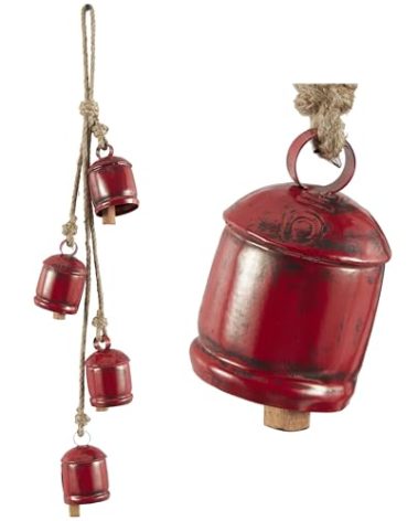 Deco 79 Metal Indoor Outdoor Decorative Cow Bells Tibetan Inspired Meditation Bell with 4 Bells on Jute Hanging Rope, Cow Bell 4" x 3" x 29", Red
