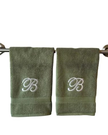 Sage Monogrammed Hand Towels for Bathroom - Luxury Hotel Quality Personalized Initial Embroidered Towel for Powder Room, Spa - GOTS Organic Certified - Set of 2 White Letter B
