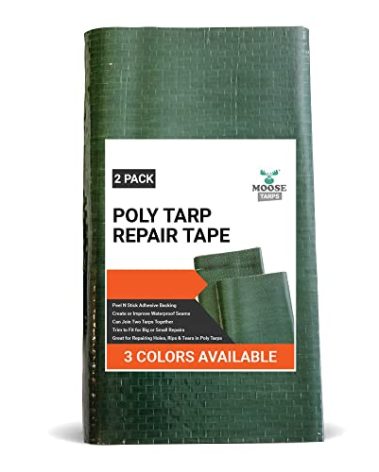 Moose Supply Heavy Duty Tarp Waterproof Poly Repair Tape, UV Resistant, Strong Adhesive Weatherproof Patch Kit, Repairs Holes, Patches, Rips, Tears, Frayed Edges in Tarps, Tents, 2 Pack, Green