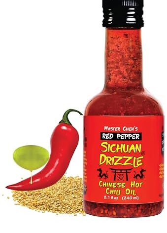 Sichuan Drizzle Chinese Chili Oil - Condiment & Ingredient, Premium EVOO, Toasted Sesame Oil and Hot Chili Flakes. Rice & Noodles' Condiment, Soups' Drizzle, Vegan, Gluten-Free & Paleo.