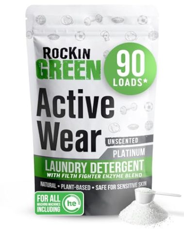 Rockin' Green Laundry Detergent, Plant based, All Natural Laundry Detergent Powder, Vegan and Biodegradable Odor Fighter, Safe for Sensitive Skin (Active Wear 90 Loads - Unscented)