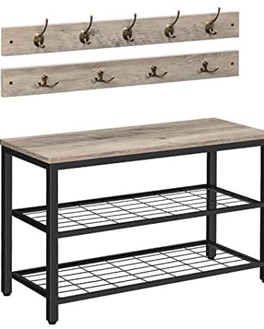 HOOBRO Hall Tree with Bench, Coat Rack Shoe Bench Set, Entryway Shoe Rack with Coat Hooks, Hall Tree Coat Rack, 27.6" L x 11.8" W x 18.1" H, Mud Room, for Foyer, Front Door, Greige BG07MT01