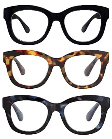 AMOMOMA 3 Pack Retro Oversized Reading Glasses for Women Blue Light Blocking Computer Readers Spring hinge AM6003 with Black+Brown+Blue Tortoise Frame 2.25 x
