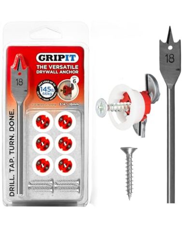 Gripit Red Drywall Anchors (Up to 145Ibs/66kg) | Heavy Duty Drywall Anchors | Wall Anchors and Screws for Drywall | Anchors and Screws Kit | Plaster Wall Anchors | 3/4" Inch Drill Bit | Reusable
