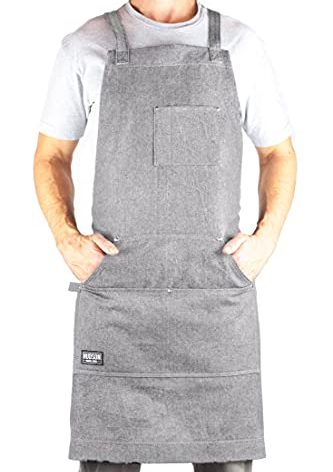 Hudson Durable Goods Professional Grade Chef Apron for Kitchen, BBQ, and Grill - Adjustable Crossback Denim Apron for Men and Women with Pockets, Towel Loop, Quick Release Buckle - 34 x 27 Inch, Grey