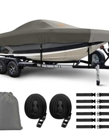 Royrunize® Heavy Duty 1200d Waterproof Boat Cover, Boat Cover 20-22 ft with Reinforces Nose Cones, Tear Resistant & Trailable Boat Covers 20-22ft for 20' 21' 22' Bass V-Hull Fish Ski Boat, Darkgrey