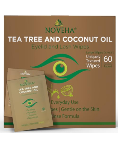 NOVEHA Tea Tree & Coconut Oil Eyelid & Lash Wipes | For Demodex, Blepharitis & Itchy Eyes, Box Of 60 Individually Wrapped Eyelash Wipes With Aloe Vera, Natural Makeup Remover & Daily Eye Cleanser
