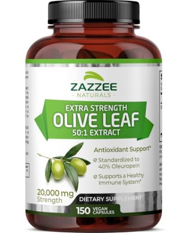Zazzee Extra Strength Olive Leaf 50:1 Extract, 20,000 mg Strength, 40% Oleuropein, 150 Vegan Capsules, 5 Month Supply, Concentrated and Standardized 50X Extract, 100% Vegetarian, Non-GMO, All-Natural
