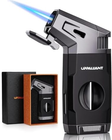 Torch Lighter with Windproof Jet Flame, Built-in V Cutter, Box for Christmas, Refillable Butane Torch Lighters, All-in-one Cool Lighters for Candle, Travel