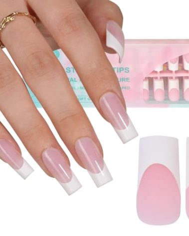 Misssix French Gel Nail Tips, 240Pcs French Tip Press on Nails Long Square Pink, No Need to File Tips Pre-lasting, Fake Nails for Nail Art DIY 15 Sizes