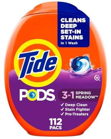 Tide PODS Laundry Detergent Pacs, 3-in-1 Stain Remover, Odor Fighter, Color Protector, 112 Count, HE compatible, Spring Meadow Scent