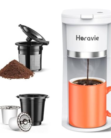 Horavie Small Single Serve Coffee Maker, Fast Brew One Cup Coffee Machine for K Cup and Grounds, 6 to 12 oz. Brew Sizes, Capsule Coffee Machine with Descaling Reminder and Viewing Tank, White