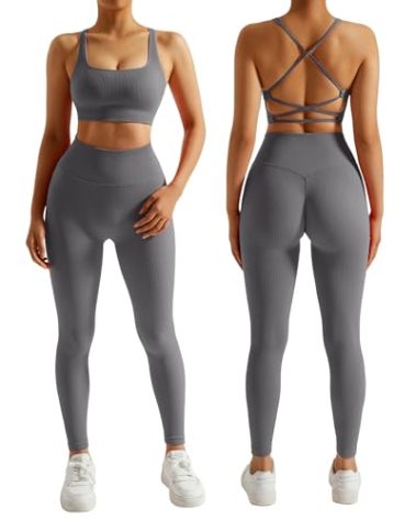 RXRXCOCO Ribbed Workout Sets for Women 2 Piece Backless Strappy Sports Bra Seamless Leggings Matching Set Yoga Outfits Grey Small