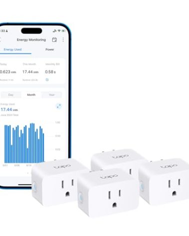 TP-Link 𝗧𝗮𝗽𝗼 Smart Plug Wi-Fi Mini, Energy Monitoring, Compatible with Alexa & Google Home & Samsung SmartThings, Timer, 15A/1800W Max, ETL Certified, 2.4G Wi-Fi Only, Tapo P115(4-Pack)