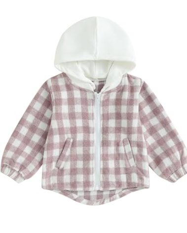 Douhoow Toddler Baby Plaid Jacket Baby Boy GIrl Flannel Hoodies Zip Up Hooded Fall Winter Outerwear Coat (Purple, 12-18 Months)