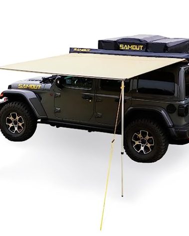 SAMOUT Vehicle Awning, 8.2ft x 8.2ft, Rooftop Pullout Ripstop UPF50+ Side Awning, Reinforced Hinges & Poles for Jeep/SUV/Truck/Van