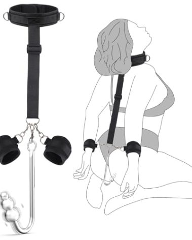 Vibrating Anal Hook BDSM Sex Bondage - Neck to Wrist Restraints Kit, Sex Toys for Couple Adjustable Behind Back Handcuffs Bondage Restraints Set, Bed SM Adult Sex Game Play, Sex Toys for Beginner
