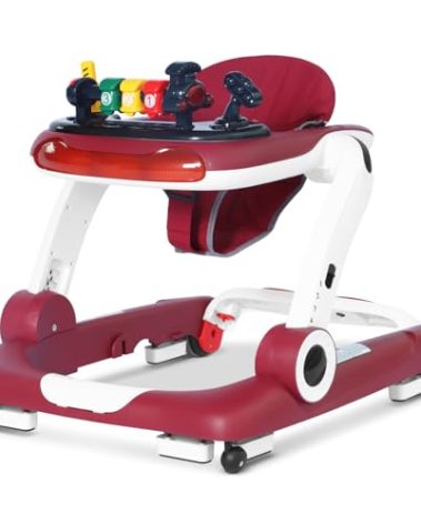 Music and Lights Baby Walker with Wheels, 6 in 1 Baby Activity Center w/Ergonomic backrest Design, Baby Walkers for Boys w/Foot Pads, Music Bouncer Walkers for Boys Girls Babies 6-18 Months, Red