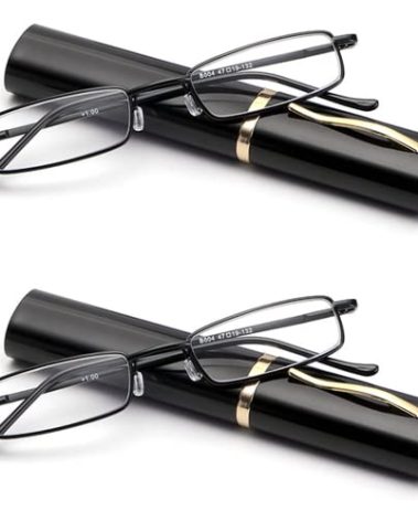 Viseng 2 pairs Slim Mini Metal Reading Glasses Compact Lightweight Portable Readers with Glasses Case for Reading Case +2.5 (Black)
