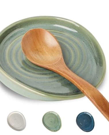 Seyatoo Ceramic Spoon Rest for Stove Top, Spoon Holder for Kitchen Counter, Farmhouse Cooking Utensil Holder for Spoons, Ladles, Spatula, Glazed Green