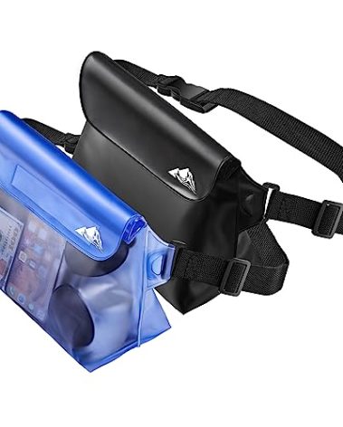 HEETA 2-Pack Waterproof Pouch with Waist Strap, Screen Touchable Dry Bag with Adjustable Belt for Phone Valuables for Kayaking Swimming Snorkeling Boating Fishing Surfing Beach (Black & Blue)