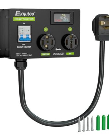 Exqutoo 4 Prong (NEMA14-50R) Dryer Splitter with Breaker - 24 Amp 240V Dryer EV Splitter, NEMA 14-30 to 14-50 Auto Switch for Dryer & EV, Left-Side Power Supply Priority, 2 EVs Fast Charging