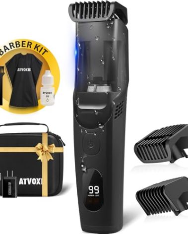 ATVOXIS Vacuum Beard Trimmer for Men Rechargeable, IPX6 Waterproof Mustache Trimmer with Adjustable Length Combs (1/25’’-4/5’’), Men’s Electric Stubble Trimmer, Cordless with Built-in Vacuum (Black)