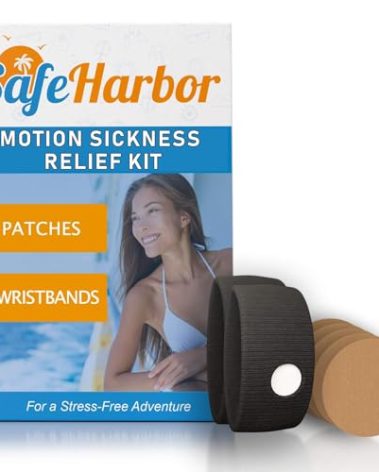 SafeHarbor Motion Sickness Relief and Anti Nausea Kit for Your Cruise Essentials | 2 Motion Sickness Bands 10 Natural + Herbal Relief Patches| Works for Children and Adults | Helpful E-Book Included