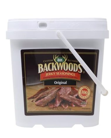 LEM Products Backwoods Original Jerky Seasoning, Ideal for Wild Game and Domestic Meat, Seasons Up to 100 Pounds of Meat, 4 Pound, 5.5 Ounce Bucket with Pre-Measured Cure Packet Included