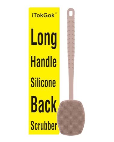 iTokGoK® All New Premium Silicone Back Scrubber with Tire Anti-Slip Long Handle for Shower, Gentle Exfoliating and Massage Brush Scrubber for Sensitive Skin for Men and Women (Sand Pink)