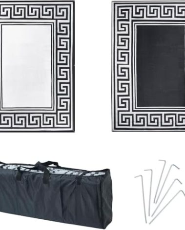 MATS LEISURE Reversible Rugs Mats, 9x12ft Outdoor Plastic Straw Rug Waterproof for RV, Patio, Garden, Balcony, Backyard, Deck, Picnic, Beach, Camping (New Grecian Complete Kit, Silver)