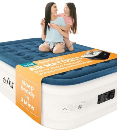 Dr. air Full Air Mattress, 18” Raised Inflatable Bed with Built-in Pump, Waterproof Velvety Top, Ergonomic Design, Reinforced Support, and Carry Bag for Home, Camping, and Guests