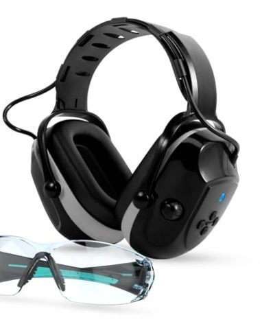 Muffpro Bluetooth Hearing Protection Ear Protection with Rechargeable Battery, NRR 25 dB Noise Canceling Earmuffs with Safety Glasses for Snow blowing, Mowing, Construction