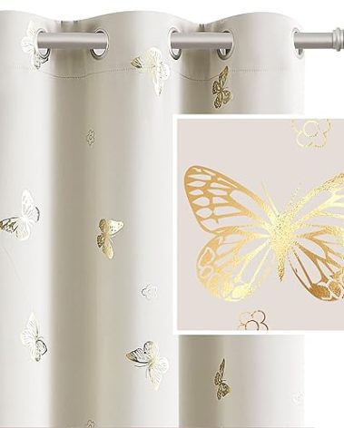 Jubilantex Ivory Gold Butterfly Blackout Curtains 84 Inches Long with Black Layer Thermal Insulated Window Curtains Grommet Top for Bedroom Girls Room