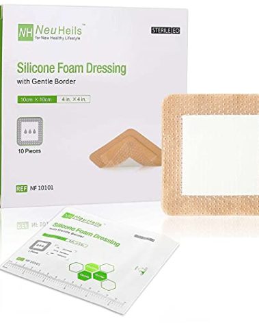 NeuHeils Silicone Adhesive Foam Dressing with Gentle Border 4''x4'' for Bed Sore Leg Ulcer 10 Pack, High Absorbency Waterproof Silicone Wound Bandage