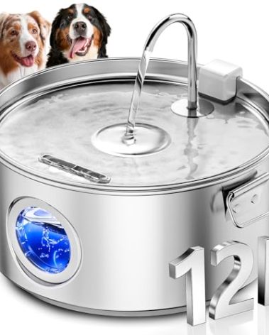 Dog Water Fountain for Large Dogs, 3.2Gal/406oz/12L Stainless Steel Pet Water Fountain, Quiet Dog Water Bowl Dispenser with Visible Window for Large Dog, Multi-pet Home