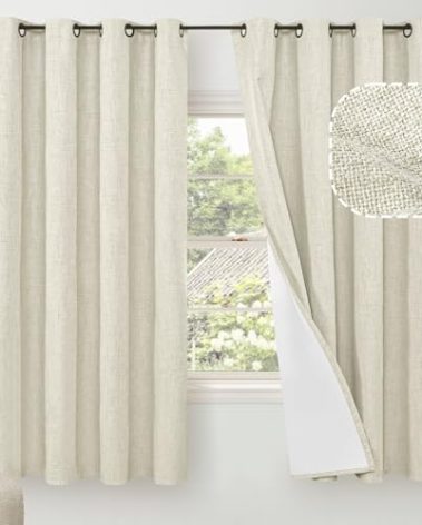 60 Inch Wide Linen Blackout Curtains for Bedroom 63 Inch Length 2 Panels, Total Black Out Thermal Insulated Energy Efficiency Grommet Boho Window Drapes White Liner for Modern Farmhouse, Natural