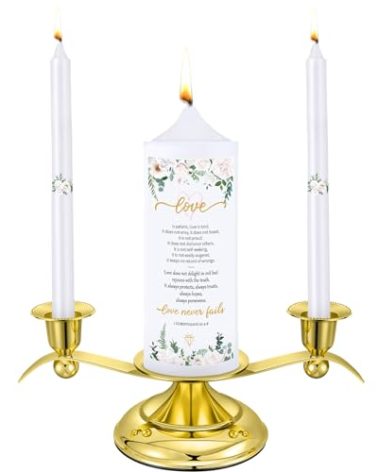 Landhoow 3 Unity Floral Candles for Wedding Ceremony Set with Golden Holder White Pillar and Taper Candles Religious Wedding Catholic Anniversary Big Events Gifts for Couple