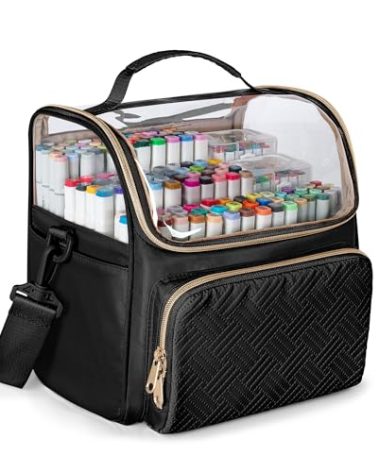 Rexmica Large Marker Organizer Case for 180 Markers, Marker Storage Bag with Dividers and 4 Pockets for Paint Markers, Paint Brushes, Colored Pencils or Other Art Supplies, Black (Patented Design)