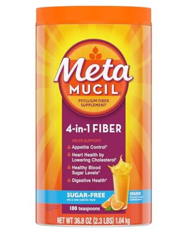 Metamucil 4-in-1 Psyllium Husk Fiber Supplement, Sugar-Free, 180 teaspoons, Orange Flavored, Daily Fiber Powder for Digestive Health, made with Plant-Based Psyllium Husk Fiber