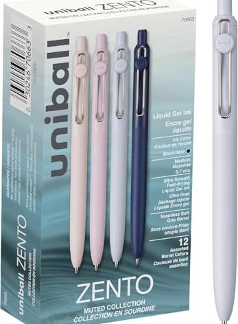 Uniball Zento Liquid Gel Ink Retractable Pens, Medium Point (0.7mm), Muted Barrels, Black Ink, Dozen